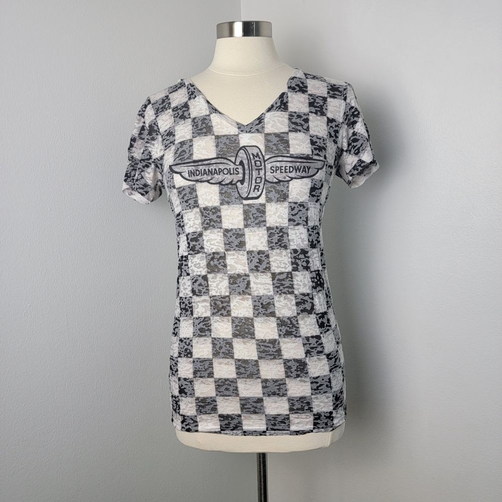 Indianapolis Speedway Checkerboard V‑Neck Tee - Black & White